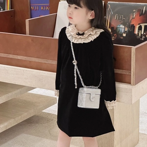 Kids black velvet dress with beige ruffled collar and silver quilted chain bag accessory