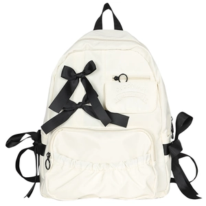 Japanischer Schulrucksack für Mädchen mit schwarzen Schleifen und großem Fach in Cremeweiß