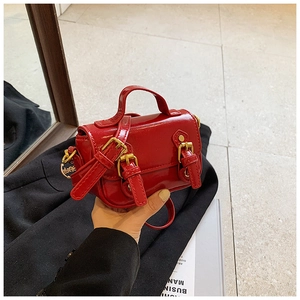Detailed view of red oil wax leather mini handbag with gold buckles and logo pendant