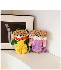 Detailed view of handmade crochet doll bags featuring vibrant yarn textures and colors