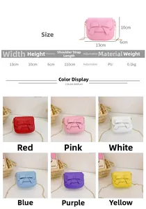 Size chart and color options for mini girls' bow crossbody bag with gold chain strap