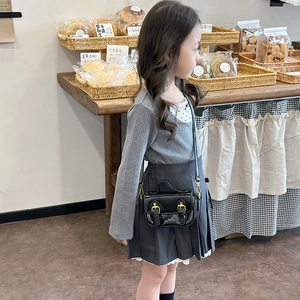 Retro black faux oil wax leather mini satchel for girls paired with academy style outfit