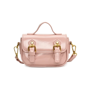 Pink glossy faux leather vintage crossbody bag for girls with gold hardware and top handle
