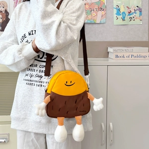 Cute cartoon character crossbody bag with 3D plush arms and adjustable shoulder strap