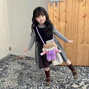 Girl's vintage plaid dress set with unique purple handmade crochet doll shoulder bag