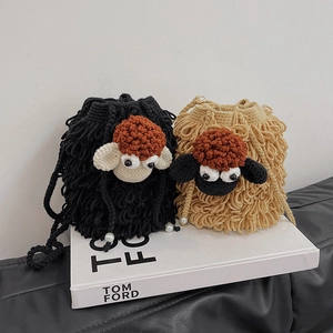 Kids Shoulder Bag Handmade Crochet Sheep Cartoon Crossbody Mini Drawstring Bucket Pouch For Toddler Boys Girls