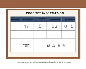 Detailed size chart for laser crossbody bag showing 17x8x23cm dimensions and PU material