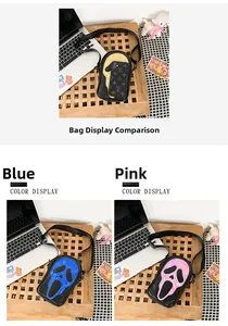 Ghostface crossbody bags in laser blue and pink finishes with textured black leather