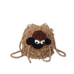 Cute sheep crochet drawstring bucket bag for kids with curly khaki yarn texture