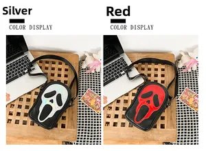 Detail view of Silver and Red Scream mask shaped crossbody bags with laser holographic finish