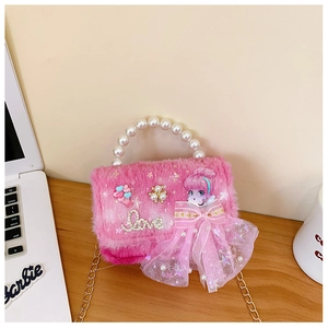 Rosa Plüsch Kinderhandtasche mit Perlengriff, Goldkette und großer dekorativer Schleife