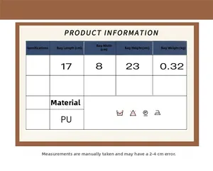 Size guide for PU crossbody bag with dimensions 17x8x23 cm and 0.32 kg weight details