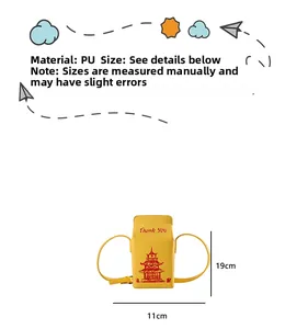 Detailed size chart of a yellow PU takeout-style crossbody bag with tower print