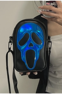 Detail of holographic Ghostface print on black PU leather crossbody bag for women