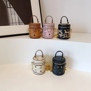 Kinder Mini Zylinder Umhängetasche PU Leder Cartoon Bärenprint Rautenmuster Mit Goldener Kette Schultergurt Für Mädchen Kleinkinder