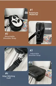 Detailed views of crossbody bag featuring ghost face mask design and adjustable strap