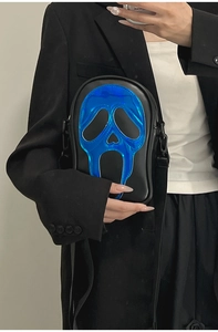 Compact black crossbody bag with a holographic Ghostface mask design for women