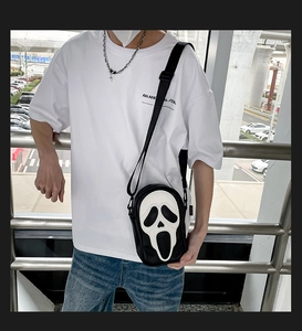 Detailed view of Scream Ghostface mask design on a black compact crossbody shoulder bag