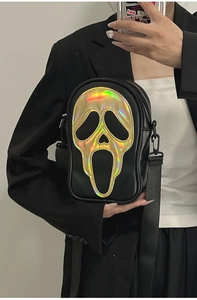 Ghostface holographic mask detail on black crossbody bag with adjustable shoulder strap