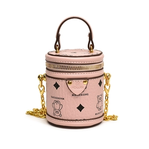 Rosa Mini-Zylindertasche für Kinder mit Bärenprint und goldenem Kettenriemen
