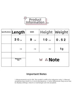 Size chart for car-shaped crossbody bag detailing PU material and dimensions 30x9x10cm