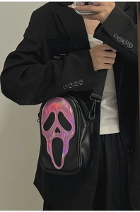 Ghostface scream mask detail on holographic crossbody bag with black leather finish