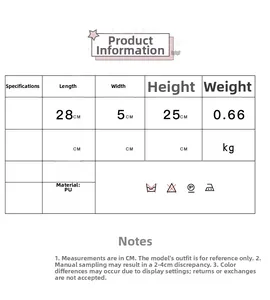 Detailed size chart for the PU shoulder bag showing 28x5x25cm dimensions and weight