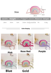 Detailed size chart for kids rainbow heart crossbody bag with adjustable strap specs