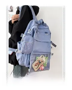 Detail of light blue water-resistant nylon backpack with transparent pocket and side pouch