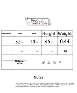 Size chart showing dimensions 32x14x45cm and nylon material for the student backpack