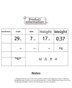 Size chart showing dimensions 29x7x17cm and 0.37kg weight for PU hat-shaped crossbody bag