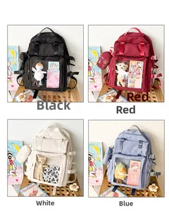 Four colors of the backpack featuring a clear PVC window for doll and badge display
