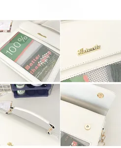 Detail view of white PU leather bag showing transparent window and magnetic closure