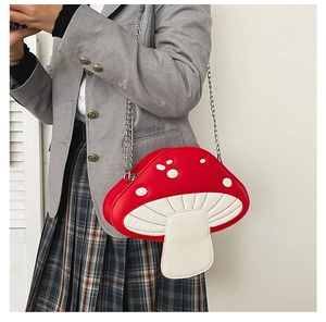 Cute mushroom-shaped crossbody bag with red and white PU leather and silver chain strap