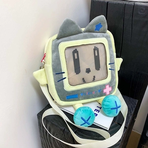 Retro TV Plüsch Umhängetasche Cartoon Katzenohr Ita Bag Mit Transparentem Sichtfenster Pixelfläche Für Frauen Mädchen