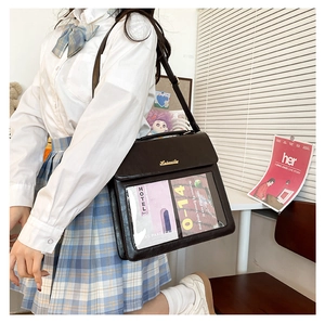 Detailed side view of dark brown faux leather messenger bag with transparent PVC window