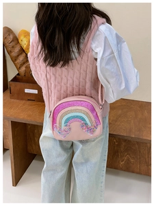 Pink heart-shaped kids crossbody bag with glitter rainbow and liquid sequin windows