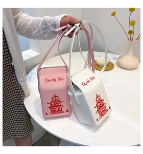 Macro detail of Chinese takeout box bag showing red tower print and Thank You lettering