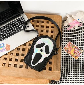 Detailed view of Scream Ghostface crossbody bag with laser holographic mask design