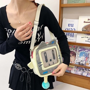 Japanische Retro TV Plüschtasche mit Katzenohren und Klarsichtfenster für Mädchen