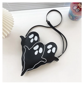 Quirky black leather ghost crossbody bag with cartoon ghost patterns and white stitching