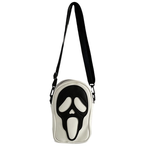 Ghostface scream mask pattern crossbody shoulder bag with black and white contrast leather