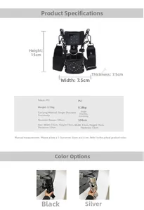 Size chart showing 7.5x15cm dimensions for the mini PU leather crossbody bag with metal studs