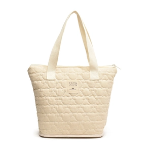 Beige quilted tote bag with cute bear pattern and top handles for mothers and babies