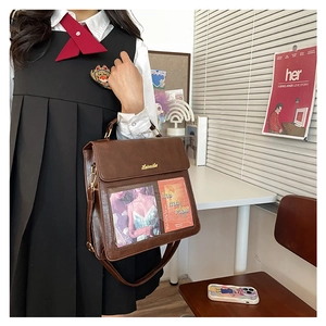 Brown vintage messenger bag with clear PVC window and adjustable leather shoulder strap
