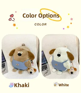 Detail of plush dog backpacks in khaki and white with blue overalls and mini charms
