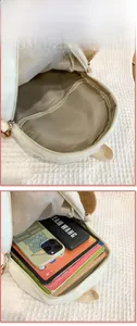 Interior view showing the large capacity of the beige plush dog backpack for daily essentials