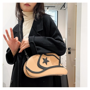 Detail of creative cowboy hat crossbody bag with star decor and silver chain strap