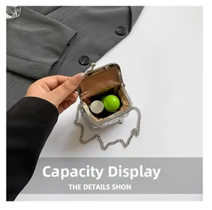 Detail view showing interior capacity of silver stone pattern mini chain bag with clasp