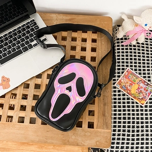 Women PU Leather Crossbody Bag Holographic Laser Horror Mask Dark Gothic Shoulder Purse Adjustable Strap Festival Trendy